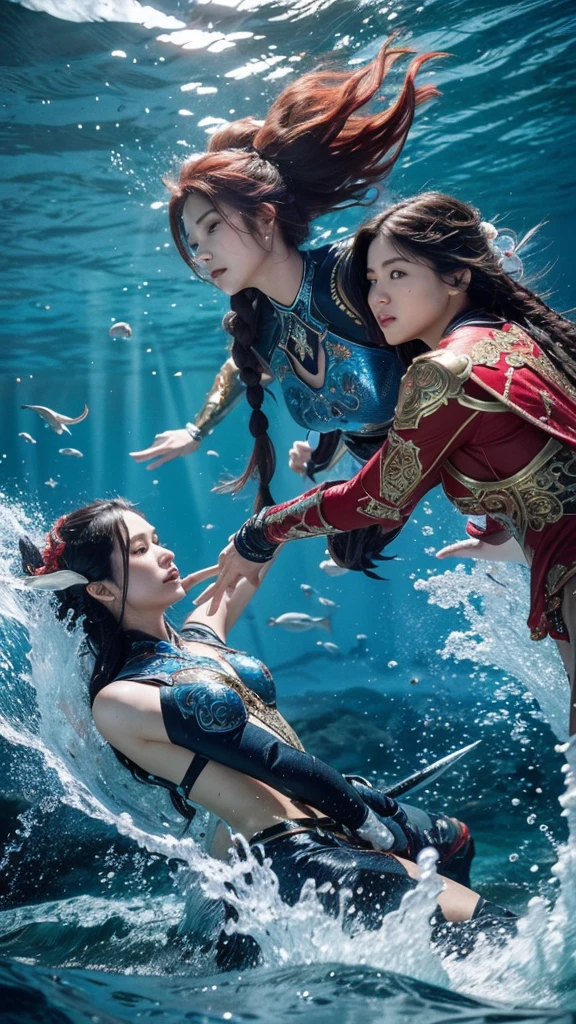 “Create a stunning sea-themed artwork depicting two female warriors in a dramatic battle. The first warrior has long flowing blue hair and is dressed in ornate blue armor with intricate sea-inspired designs, such as waves and marine motifs. The second warrior, with long vibrant red hair, wears striking red armor adorned with patterns reminiscent of coral and sea creatures. Both warriors wield finely crafted swords, and their clash creates a dynamic and captivating scene. The background should feature an underwater or coastal setting, with the ocean’s beauty and movement enhancing the intensity of their duel.”
High resolution, High resolution, masterpiece, accurate, Anatomically correct, Winner of numerous awards, 最高quality, Damaged, detail, quality, Very detailed, Textured skin, Ultra high definition, 