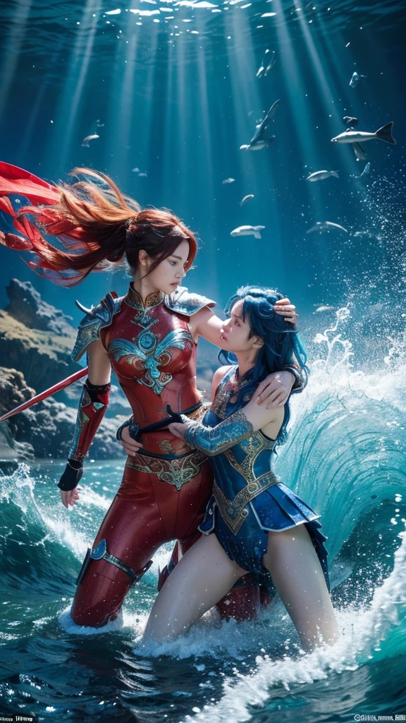 “Create a stunning sea-themed artwork depicting two female warriors in a dramatic battle. The first warrior has long flowing blue hair and is dressed in ornate blue armor with intricate sea-inspired designs, such as waves and marine motifs. The second warrior, with long vibrant red hair, wears striking red armor adorned with patterns reminiscent of coral and sea creatures. Both warriors wield finely crafted swords, and their clash creates a dynamic and captivating scene. The background should feature an underwater or coastal setting, with the ocean’s beauty and movement enhancing the intensity of their duel.”
High resolution, High resolution, masterpiece, accurate, Anatomically correct, Winner of numerous awards, 最高quality, Damaged, detail, quality, Very detailed, Textured skin, Ultra high definition,