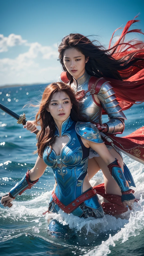 “Create a stunning sea-themed artwork depicting two female warriors in a dramatic battle. The first warrior has long flowing blue hair and is dressed in ornate blue armor with intricate sea-inspired designs, such as waves and marine motifs. The second warrior, with long vibrant red hair, wears striking red armor adorned with patterns reminiscent of coral and sea creatures. Both warriors wield finely crafted swords, and their clash creates a dynamic and captivating scene. The background should feature an underwater or coastal setting, with the ocean’s beauty and movement enhancing the intensity of their duel.”
High resolution, High resolution, masterpiece, accurate, Anatomically correct, Winner of numerous awards, 最高quality, Damaged, detail, quality, Very detailed, Textured skin, Ultra high definition, 