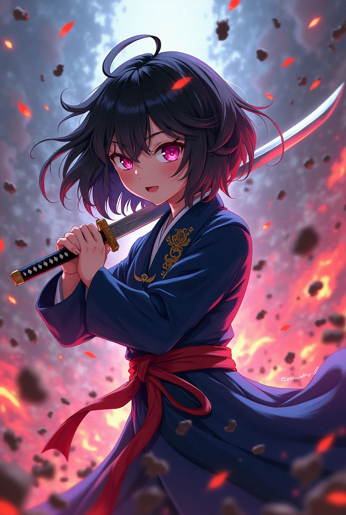 Girl kimetsu no yaiba black hair pink eyes with katana fighting