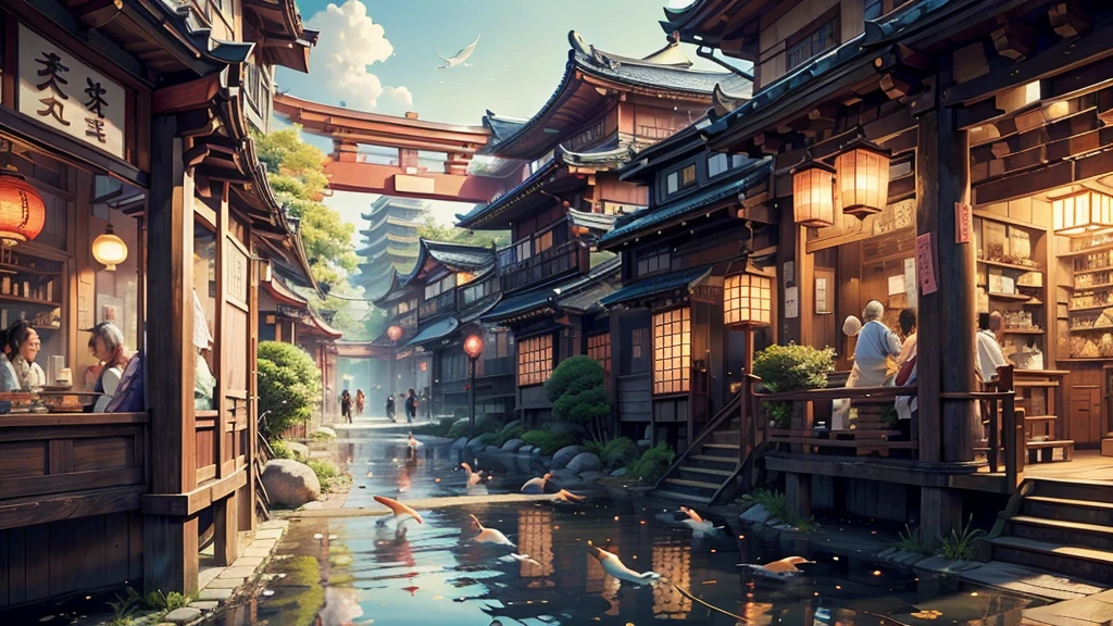 A bustling Japanese street, full of traditional shops and vibrant signs. The street is crowded with a variety of intricate objects and details., creating a rich and immersive environment. The atmosphere is dreamlike, with pastel colored clouds floating in the sky. Koi fish swim gracefully through the air, Birds flutter and cats roam the scene. People wear traditional Japanese clothing, like kimonos and yukatas, which adds a touch of cultural authenticity. The whole scene is bathed in soft pastel tones, enhancing its surreal and charming quality.