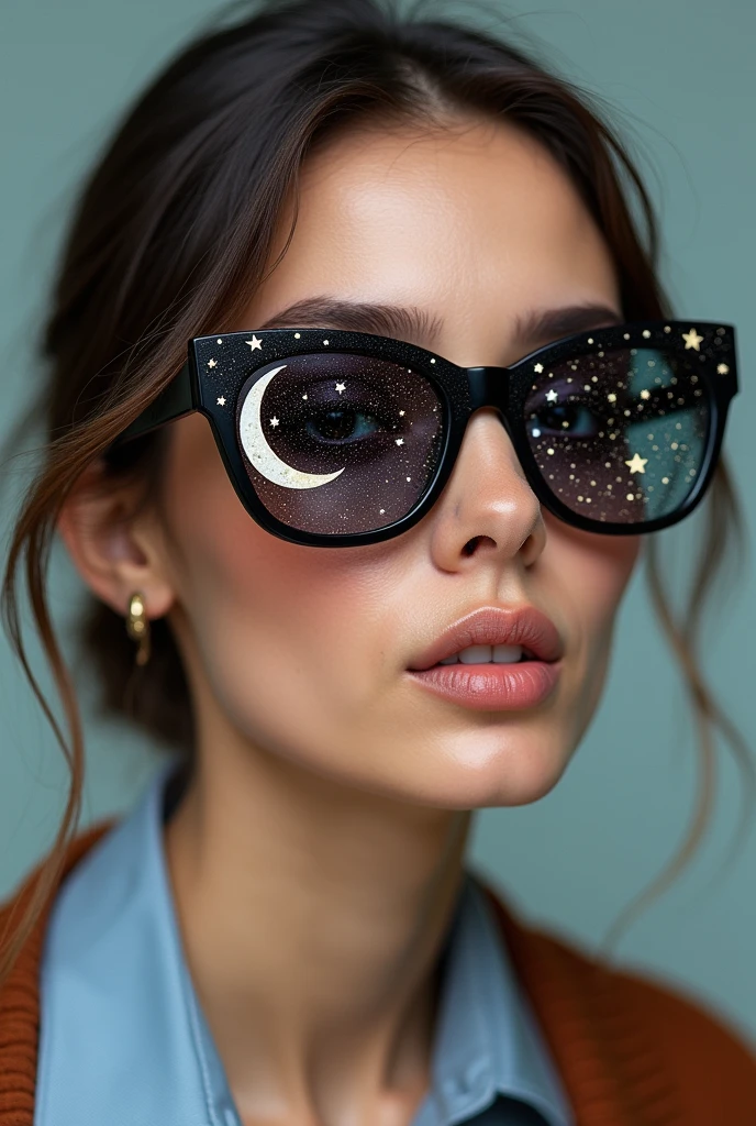 The model is wearing glass sunglasses with stars and the moon on the glass