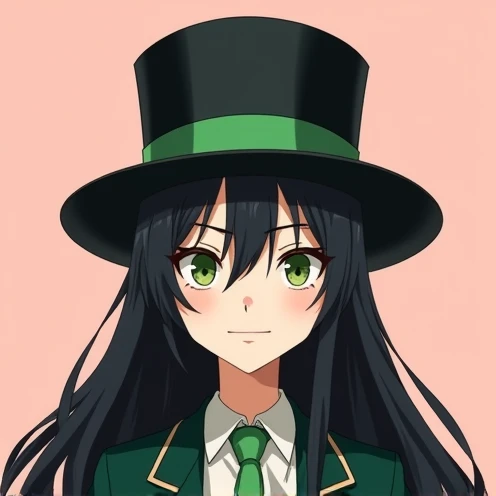 close-up silly anime girl with long, black hair wearing a black top hat with a green band. she is also wearing a black and green suit. she is tall and slender. she is smiling smugly at the viewer. timeframe is from around the 1920s-30s.
background colour is a light pink.

(aspect ratio = 4:3)