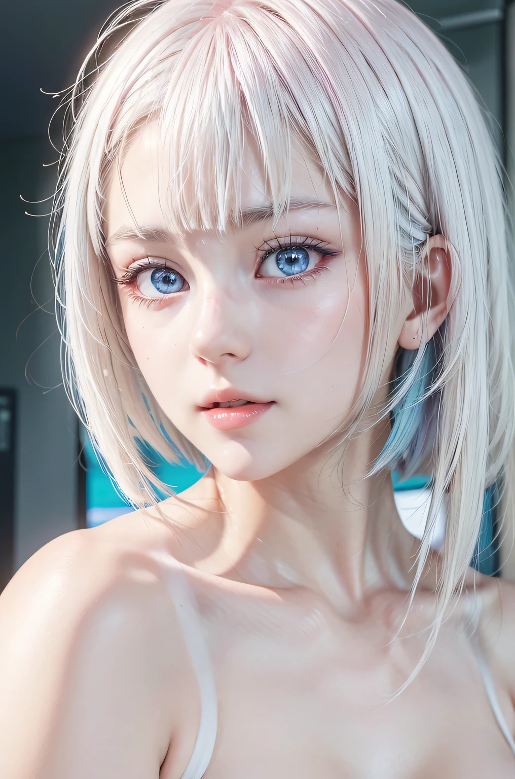Lucy, ultra realistic, age 25, pure white skin, white pink and blue pupils, white and pink bob hair, perfect face, perfect shape body, huge breasts, 8k hd, far cowboy shot