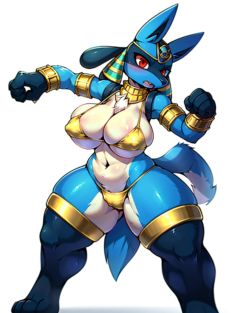 Busty woman Lucario，Fighting Stance，Attack Stance，Boxing stance,Wearing simple and stylish golden pharaoh bikini armor，Wearing Gold Wristguards，Fighting Stance. .Red eyes，Huge breasts:1.25), perfect round breasts, (Sexy body:1.5), Breast Focus, Normal breast structure, ，Pure white background，