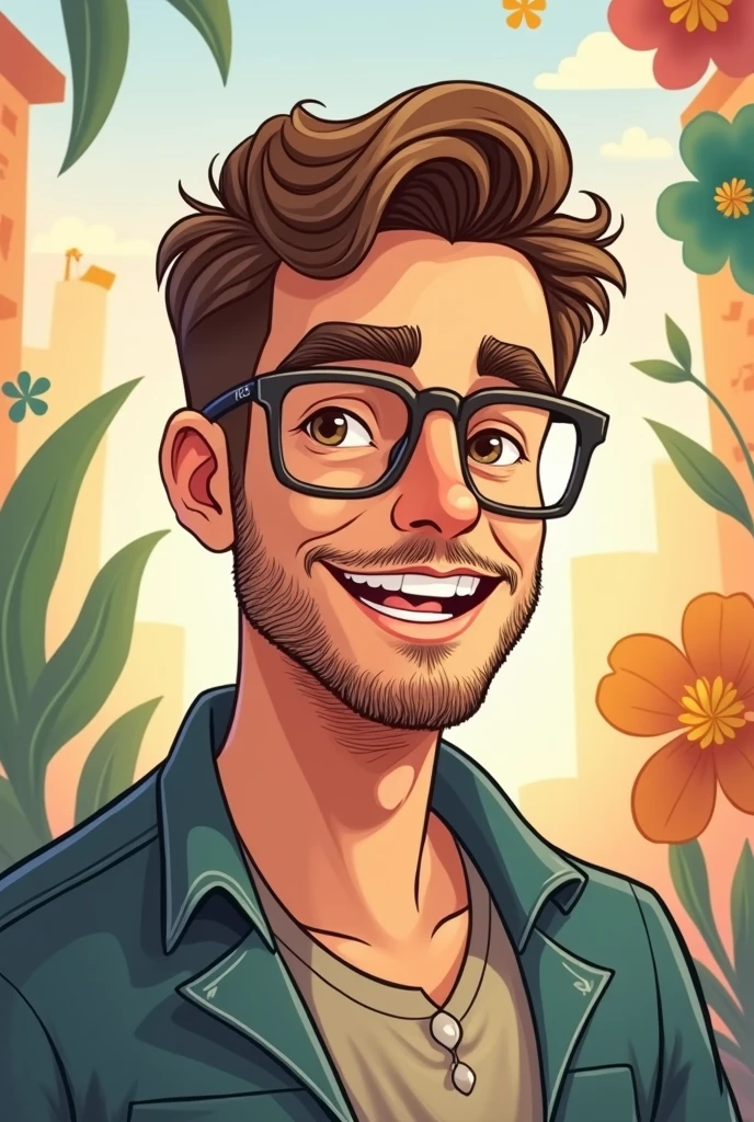 CARTOON OF A MAN WITH SHORT BROWN HAIR ON THE SIDES, White skin, SHORT BEARD WITH GLASSES BROWN EYES 