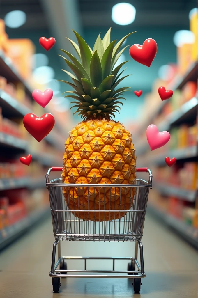 An upside down pineapple inside a supermarket cart with hearts around it 