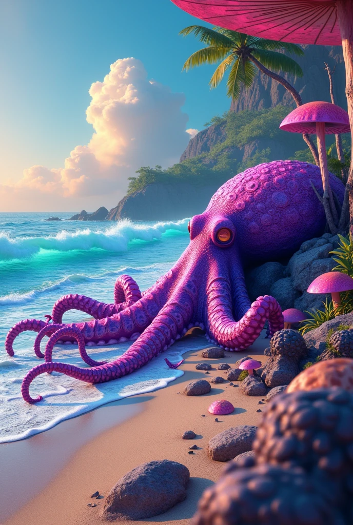 purple radioactive psychedelic octopus from a hallucination lying sleeping on the edge of the sea water paradise beach full of hallucinogenic mushrooms on a calm day colored with sun