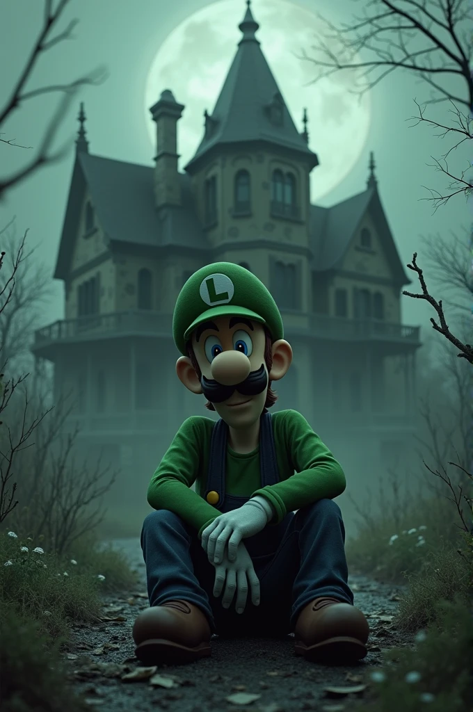Sad and pale Luigi sitting outside a dark haunted mansion