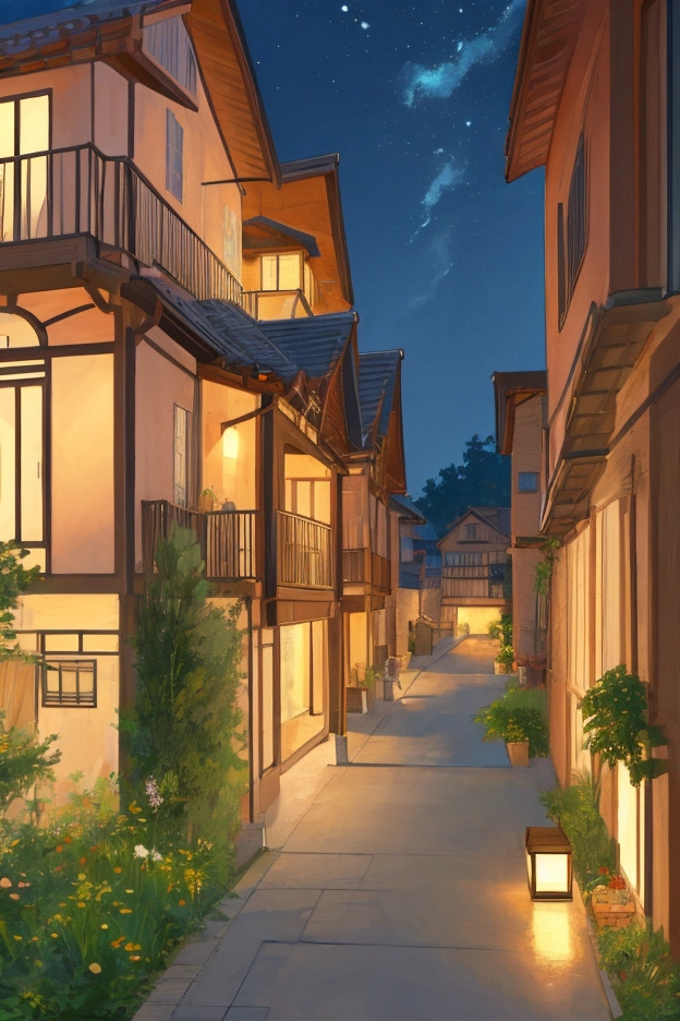 HD mural 4k house with open balcony，Cute and detailed artwork in the Ghibli art style, Summer Night