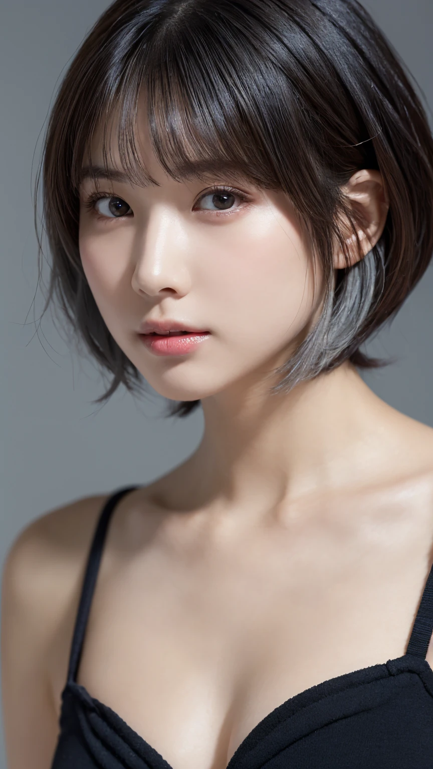 1 girl, (White camisole on bare skin:1.2), Very beautiful Japanese idol portraits, ((Short bob cut with gray hair:1.4))、(RAW Photos, Highest quality), (Realistic, Realistic:1.4), (masterpiece), 
Very delicate and beautiful, Very detailed, 2k wallpaper, wonderful, finely, Very detailed CG Unity 8K 壁紙, Very detailed, High resolution, Soft Light, 
Beautiful detailed girl, Very detailed目と顔, Beautiful and sophisticated nose, Big beautiful eyes, Cinema Lighting, 
(Simple light color background:1.3),
(Medium Hair), (Parted bangs), 
Complete Anatomy, Slender body,Big Breasts, Sensual look