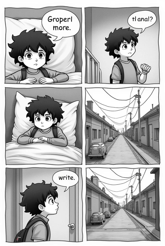 make a comic strip with 6 panels, In the first cartoon, a dark-haired boy with curly hair gets out of bed early in the morning with a very dejected expression., In the second cartoon this boy is getting ready to go to school, still very discouraged., he puts on his sweatshirt and grabs his backpack, in the third this boy is at school, in a classroom talking to some friends, who are telling funny things and so the boy shows a small smile and laughs a few times, In the fourth frame he appears sad again because it is time for him to return home., he is in front of his school watching his friends going home, In the fifth frame he stands in front of his house, sad and thoughtful., In the sixth cartoon the boy decides that he will walk a little more through the streets and later he will go to his house. Do it in a similar style to hand-drawn but with lots of detail of the environments mentioned in shades of gray and add thought bubbles to describe what is happening..