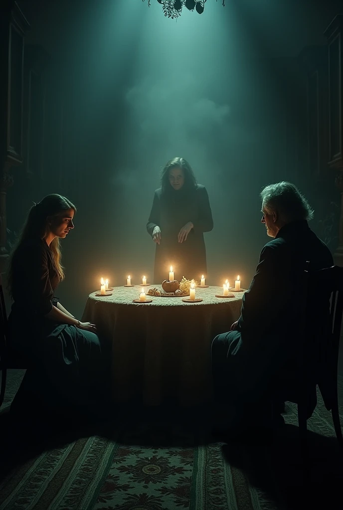 A dark and mysterious room, lit only by candles arranged in a circle. At the center, a round table covered with an embroidered tablecloth. Dona Clarice, visibly worried, is sitting in front of the medium, a middle-aged man with a concentrated expression and closed eyes. The medium&#39;s hands are raised, capturing a spiritual presence, while a light mist seems to envelop the scene, giving a supernatural air to the environment.