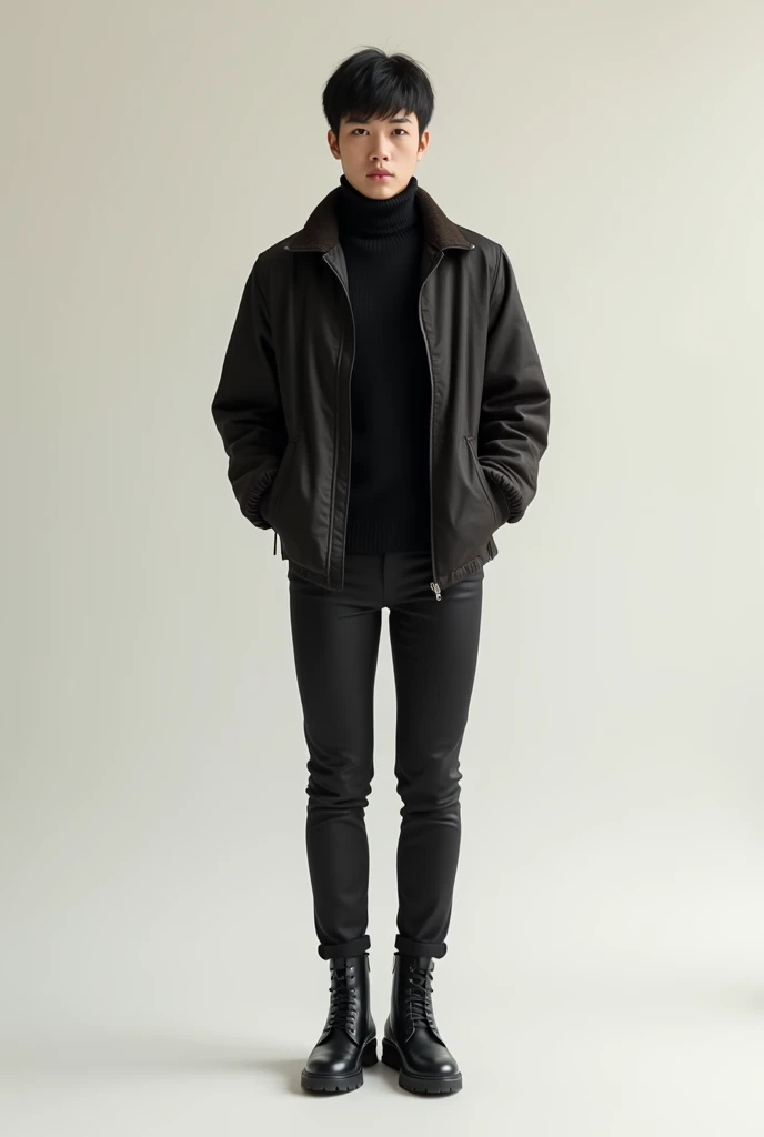 A person wearing slim fit trousers and high-top black boots.
