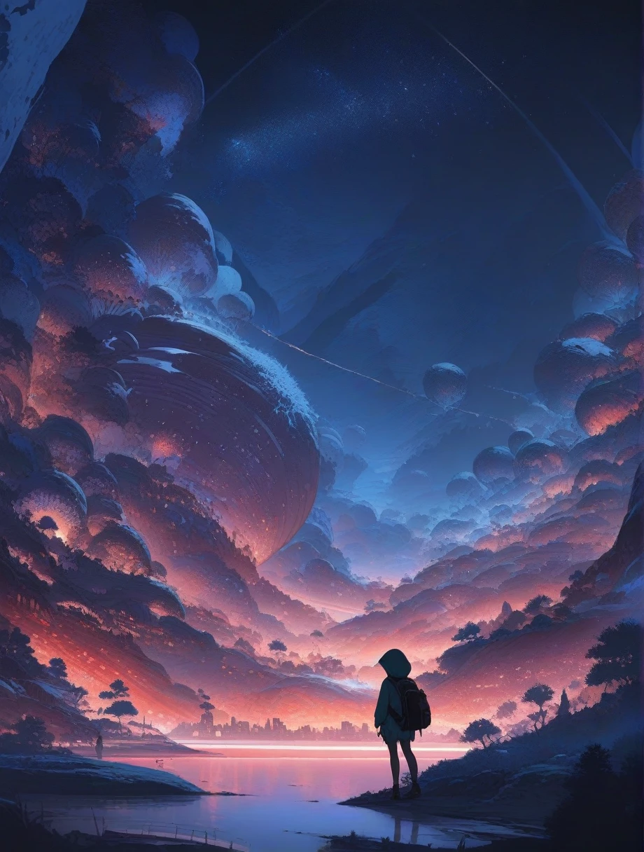 score_9, score_8_up, score_7_up, score_anime, masterpiece, top quality, delicate illustration, sharp lines, sharp focus, BREAK, a traveling girl wandering in the endless night world, the girl wears a hood and has a lot of stuff in her backpack, night , fantastic landscape, beautiful scenery, harmony with nature, spectacular view, space city, (((torn clothes)))