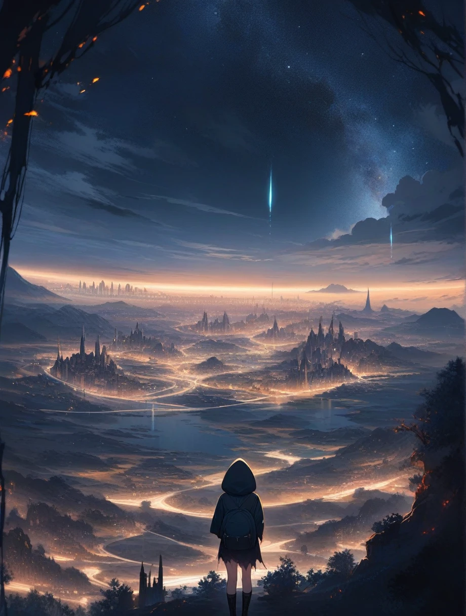 score_9, score_8_up, score_7_up, score_anime, masterpiece, top quality, delicate illustration, sharp lines, sharp focus, BREAK, a traveling girl wandering in the endless night world, the girl wears a hood and has a lot of stuff in her backpack, night , fantastic landscape, beautiful scenery, harmony with nature, spectacular view, space city, (((torn clothes)))