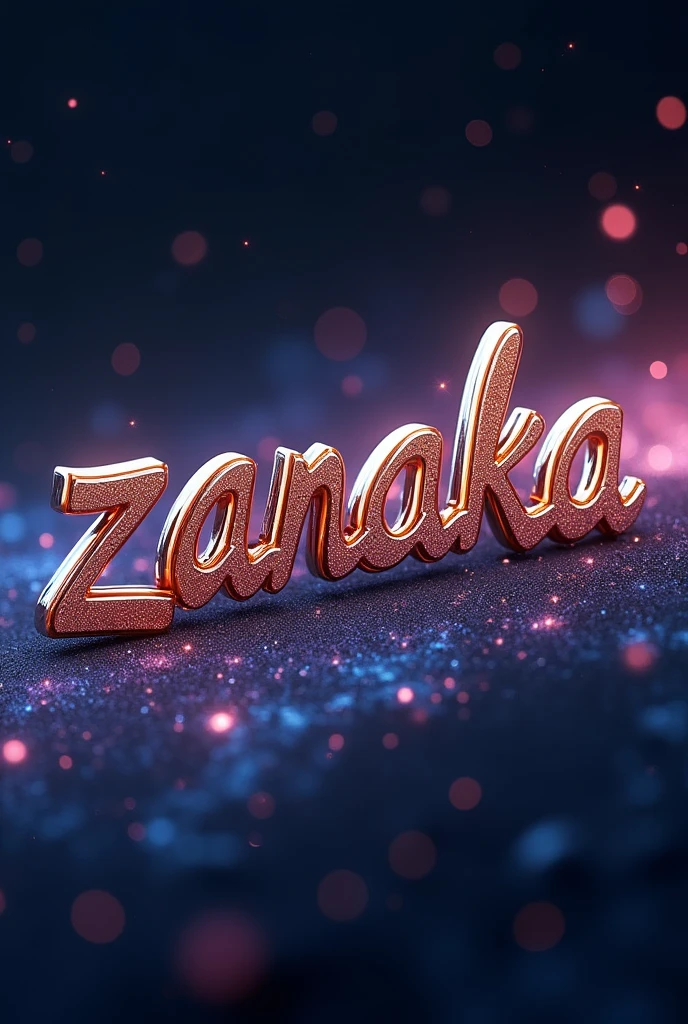 A 3D render of the word "Zanaka" in bold, cursive typography. Each letter is crafted with intricate detail and appears to be made of polished metal, reflecting light in a myriad of shiny colors. The background is a beautiful universe, allowing the name to stand out prominently. Subtle particles float around, adding depth and dimension to the artwork.best photo