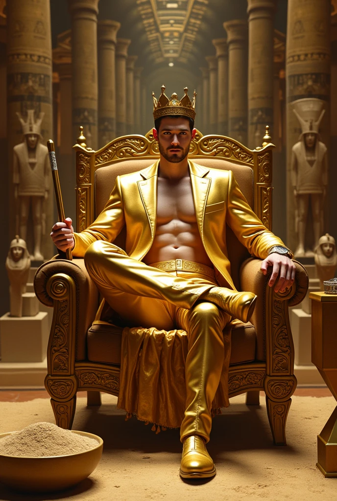 Handsome man, white skin, thin, with golden pants and a golden suit on a golden chair with a baton of command without a shirt crossing his legs, golden boots sitting on a king&#39;s chair with a crown and around him there are displays of objects from some ancient Egyptian museum and a sandbox next to it