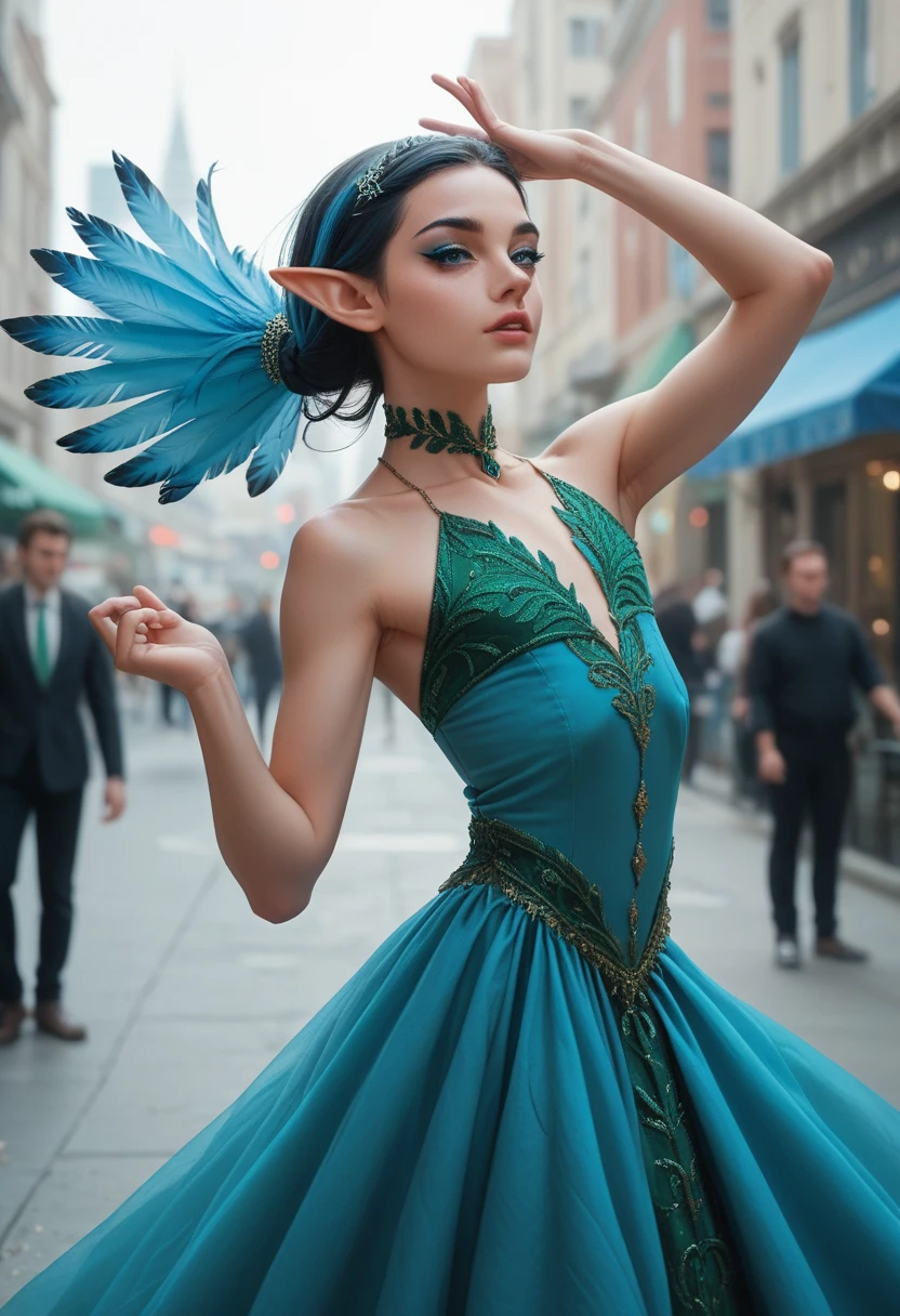 Masterpiece, Best Quality, 1boy, solo, elf ears, small ears, pointy ears, black hair, blue highlights, blue eyes, makeup, feminine, androgynous, peacock feathers, blue dress, green trim, dancing, city background