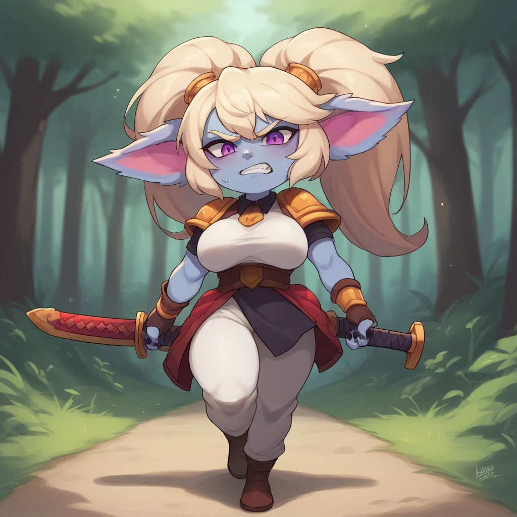 1 girl, Alone, poppylol, Yordle, small pile, colored skin, rubio_hair, purple_eyes, big breasts, angry expression, Singing, dressed as a prince, white pants, White suit, White shirt, in a hurry, sword, Walking through the forest