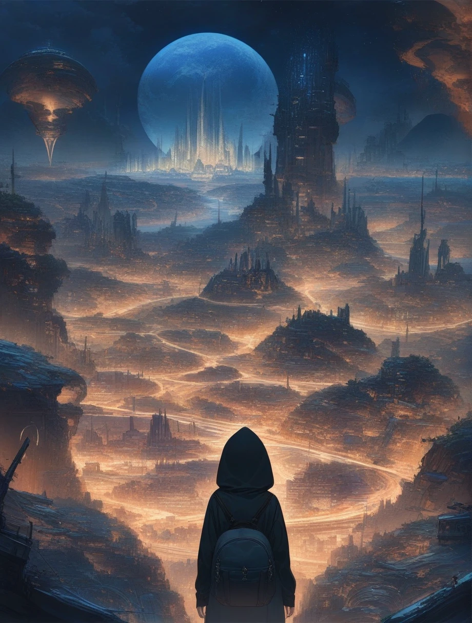 score_9, score_8_up, score_7_up, score_anime, masterpiece, best quality, delicate illustration, sharp line, sharp focus, BREAK,Traveler girl wandering in the ruins of endless night, the girl is wearing a hood, a lot of baggage in her backpack.,Night, future city, fantastic landscape, beautiful scenery, harmony with nature, spectacular view, machine city,((dark))