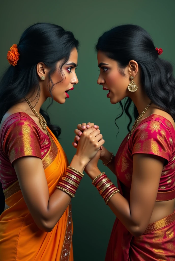 Two women in saree and matching deep u neck blouse with strings , hair loose with a single clip. Both women standing face to face staring into each other's eyes. Right fingers of one woman locked with left fingers of other woman. Both women with angry facial expression with full of hatred