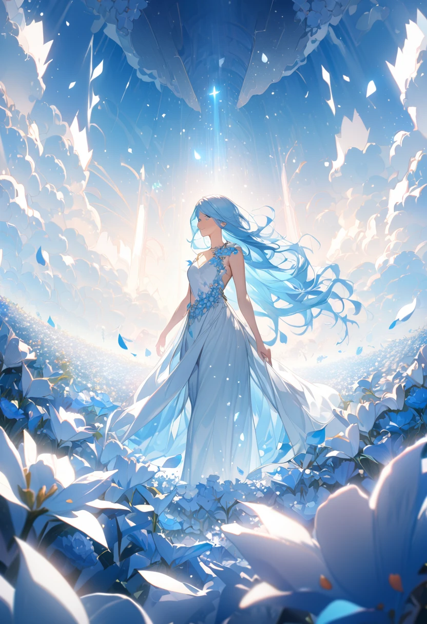 (Absurd, High resolution, Super detailed, 超High resolution, Cinematic), alone, One girl, mature, Happy, girl standing in Light blue flower field, Light blue flower petal surrounding girl, whole body, Girl with blue long hair, Light blue hair, Fantasy, dream-like, the snow's, Official Art, Pop Art, profile, Super detailed face, Super detailed eyes, Light blue flower field, Super detailed field, white blue sky, cold, Light blue, white, Sky nebula, Blue Tree, watercolor, pastel colour