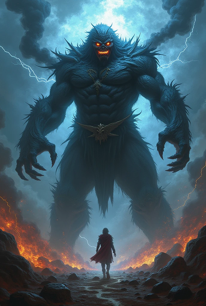 (Titan - Dark God of Chaos,threatening attitude)(with four arms and claws)(covered in fire ,black smoke and lightning)