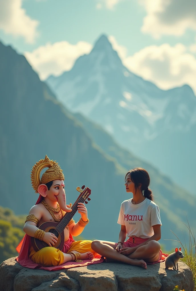 Here’s the revised prompt:

"Create a digital artwork featuring a serene landscape with mountains in the background. In the foreground, depict a young woman sitting cross-legged, wearing modern clothing with her name, 'Manu' written on her T-shirt. Next to her, place Lord Ganesha, who is playing a traditional musical instrument like a veena. A small mouse, Lord Ganesha's vehicle, should be sitting nearby. Lord Ganesha should be adorned with traditional jewelry and clothing, exuding a divine and peaceful aura. The overall scene should blend elements of traditional spirituality with modern aesthetics, creating a harmonious and serene atmosphere."