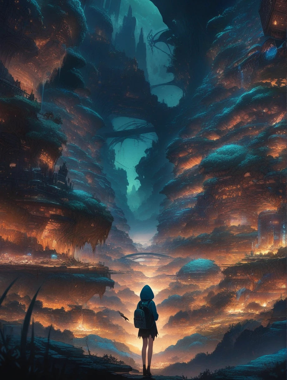 score_9, score_8_up, score_7_up, score_anime, masterpiece, top quality, delicate illustration, sharp lines, sharp focus, BREAK, a traveling girl wandering in the endless night world, the girl wears a hood and has a lot of stuff in her backpack, night , fantastic landscape, beautiful scenery, harmony with nature, spectacular view, machine city, (((torn clothes)))