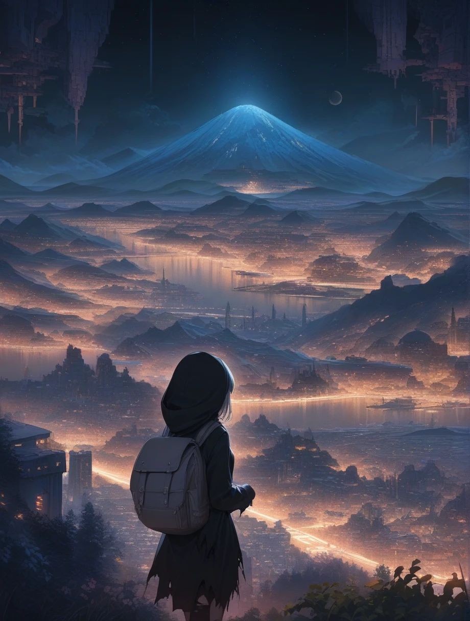 score_9, score_8_up, score_7_up, score_anime, masterpiece, top quality, delicate illustration, sharp lines, sharp focus, BREAK, a traveling girl wandering in the endless night world, the girl wears a hood and has a lot of stuff in her backpack, night , fantastic landscape, beautiful scenery, harmony with nature, spectacular view, machine city, (((torn clothes)))