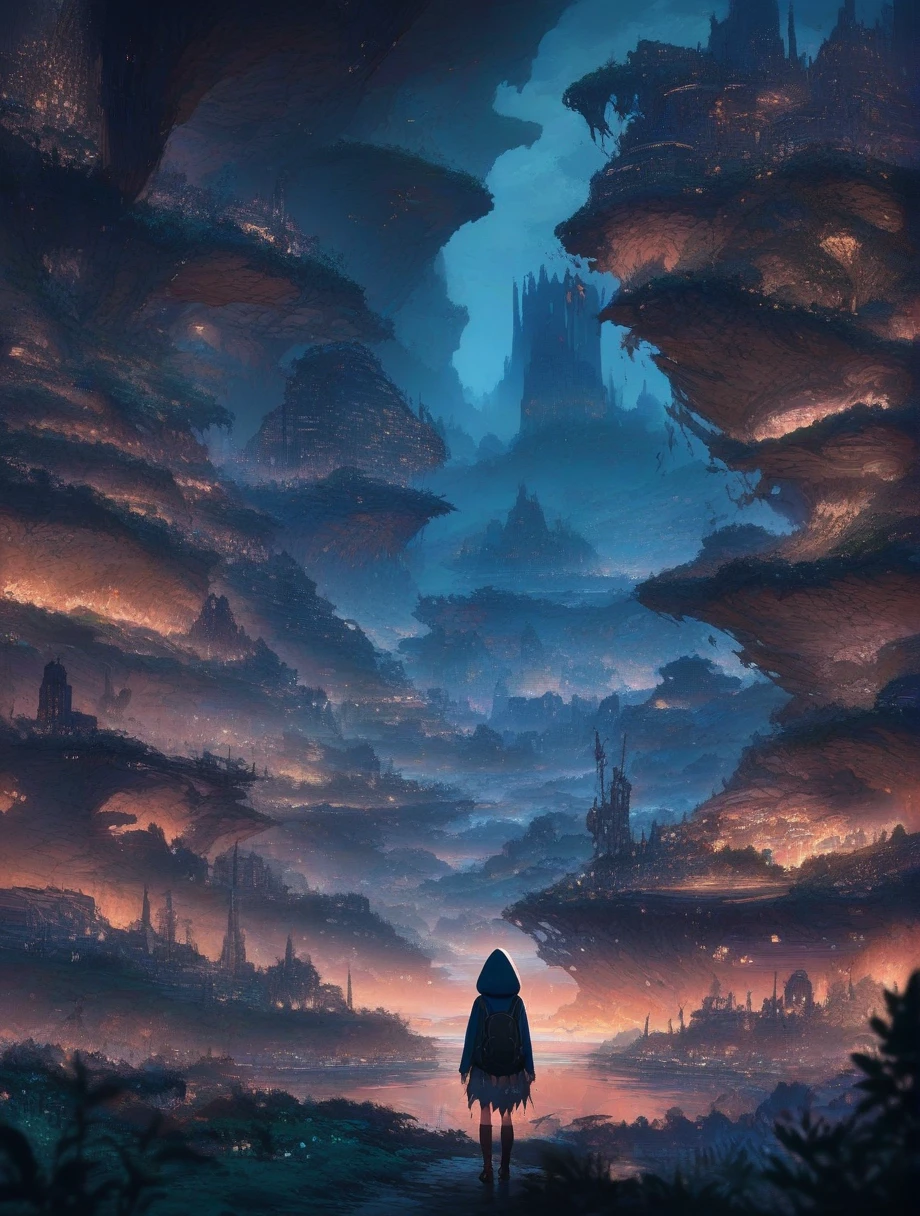 score_9, score_8_up, score_7_up, score_anime, masterpiece, top quality, delicate illustration, sharp lines, sharp focus, BREAK, a traveling girl wandering in the endless night world, the girl wears a hood and has a lot of stuff in her backpack, night , fantastic landscape, beautiful scenery, harmony with nature, spectacular view, machine city, (((torn clothes)))