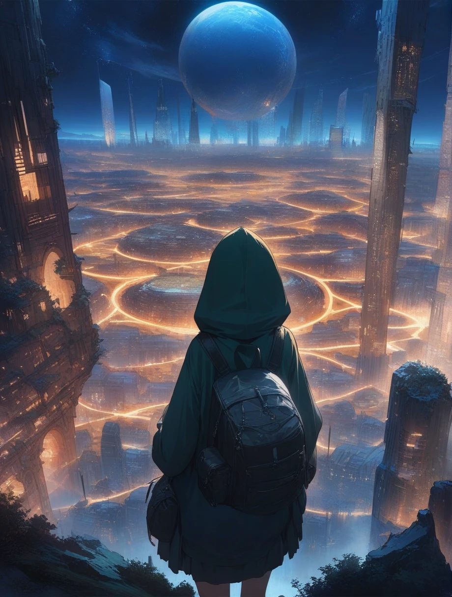 score_9, score_8_up, score_7_up, score_anime, masterpiece, best quality, delicate illustration, sharp line, sharp focus, BREAK,Traveler girl wandering in the ruins of endless night, the girl is wearing a hood, a lot of baggage in her backpack.,Night, future city, fantastic landscape, beautiful scenery, harmony with nature, spectacular view, machine city