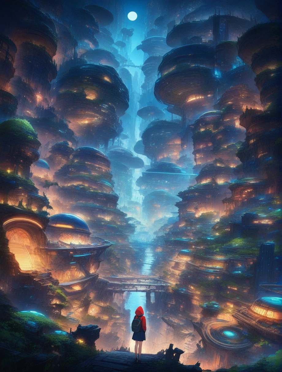 score_9, score_8_up, score_7_up, score_anime, masterpiece, best quality, delicate illustration, sharp line, sharp focus, BREAK,Traveler girl wandering in the ruins of endless night, the girl is wearing a hood, a lot of baggage in her backpack.,Night, future city, fantastic landscape, beautiful scenery, harmony with nature, spectacular view, machine city
