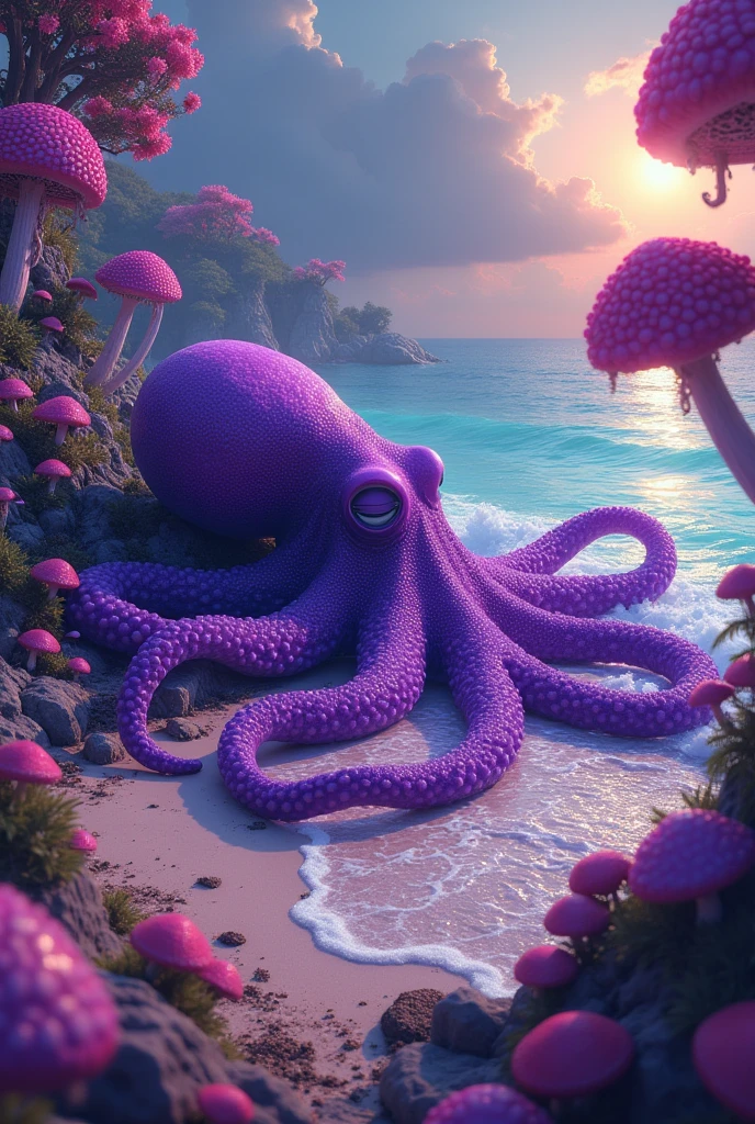 purple radioactive psychedelic octopus from a hallucination lying sleeping sprawled on the edge of the sea water paradise beach full of hallucinogenic mushrooms on a calm day colored with sun