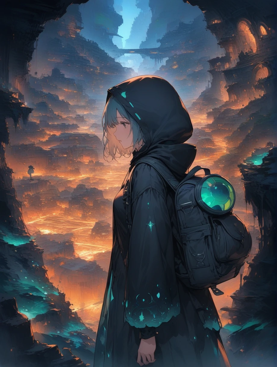 score_9, score_8_up, score_7_up, score_アニメ, masterpiece, best quality, delicate illustration, sharp line, sharp focus, BREAK,Traveler girl wandering in the ruins of endless night, the girl is wearing a hood, a lot of baggage in her backpack., night、City of the Future、Fantastic landscape、Beautiful Landscape、Harmony with Nature、Spectacular views、Machine City