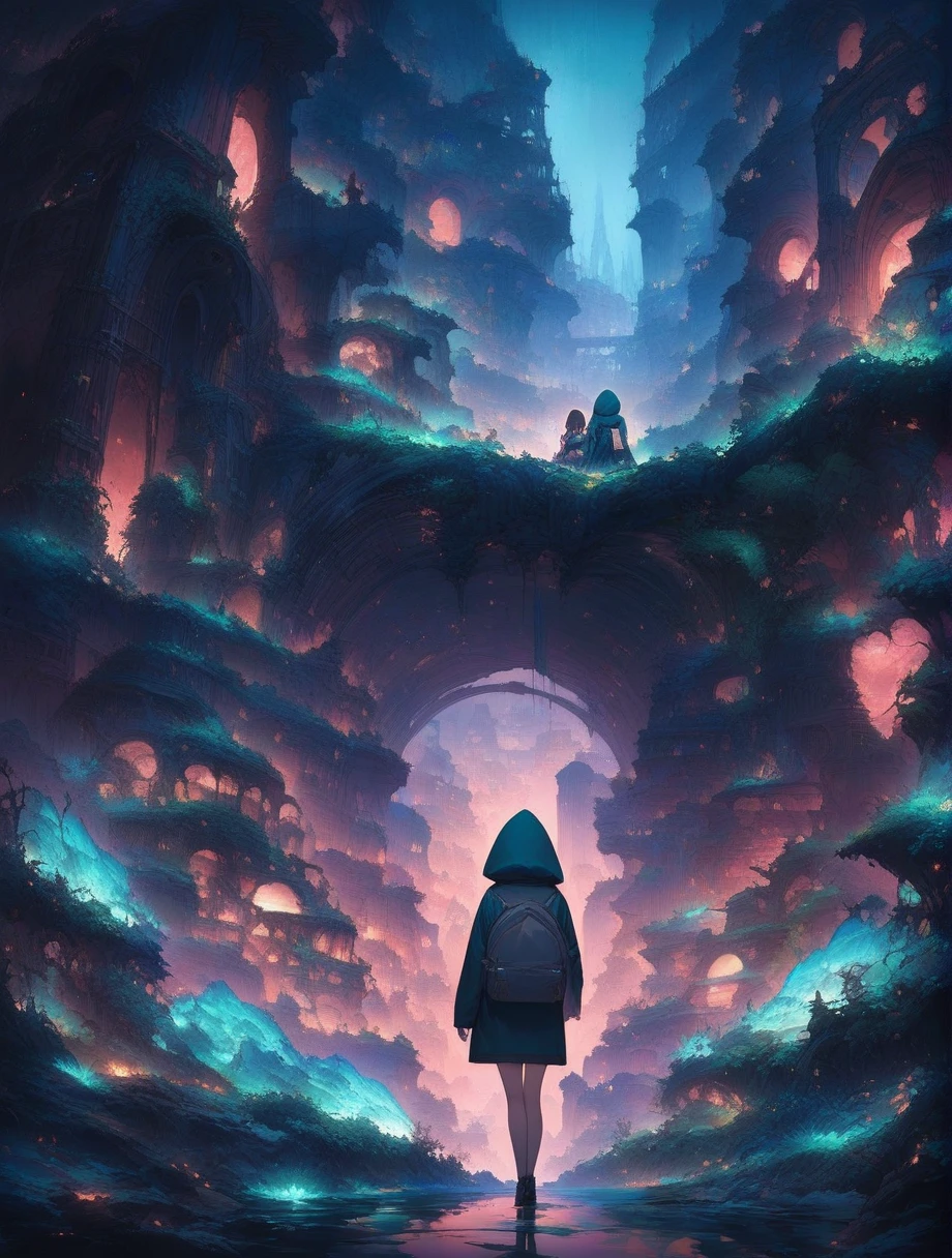 score_9, score_8_up, score_7_up, score_アニメ, masterpiece, best quality, delicate illustration, sharp line, sharp focus, BREAK,Traveler girl wandering in the ruins of endless night, the girl is wearing a hood, a lot of baggage in her backpack., night、City of the Future、Fantastic landscape、Beautiful Landscape、Harmony with Nature、Spectacular views、Machine City
