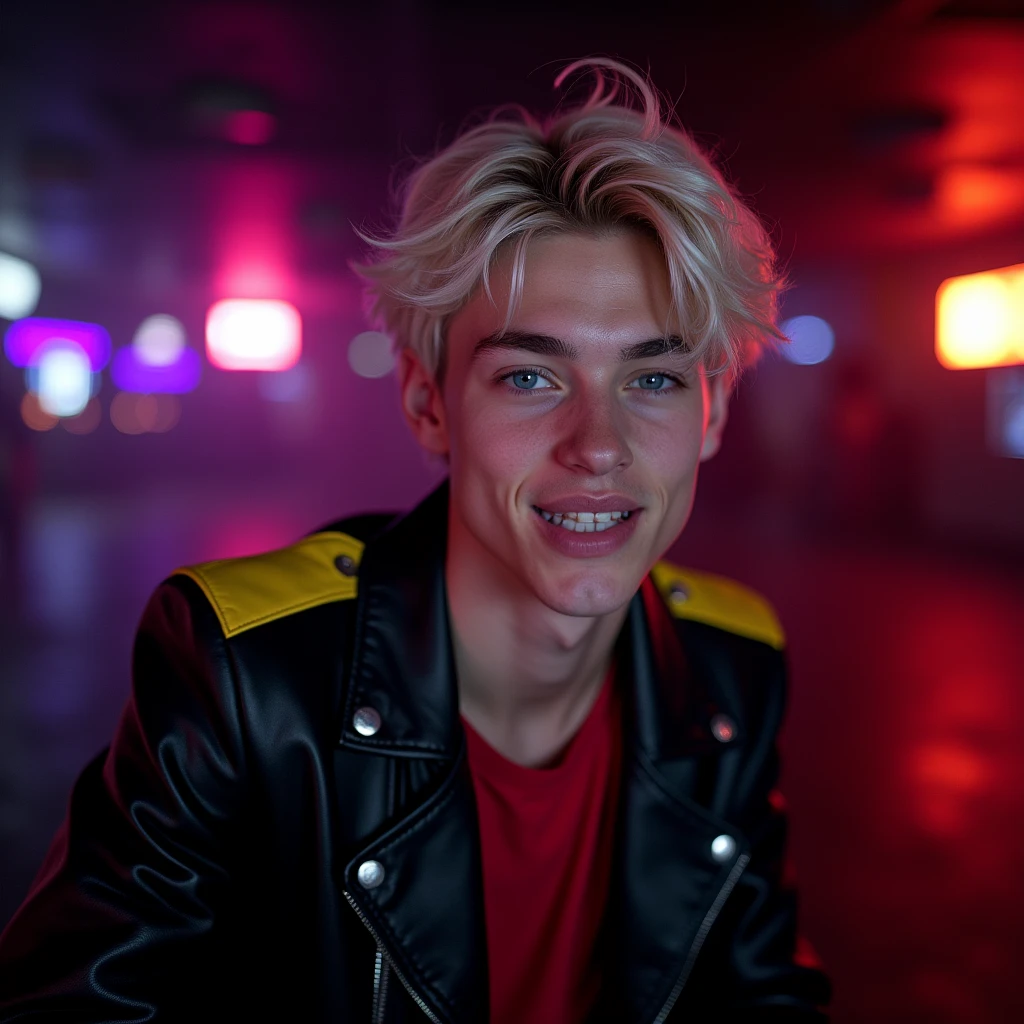 photograph portrait shot, attractive 22 year-old male model, short platinum blond layered textured hair, long layered side swept bangs hair, vibrant blue eyes, boy face, skinny svelte body, smirking expression, almond shaped eyes, very pale skin tone, black leather jacket with yellow accents on shoulders, red shirt, inside private underground club, dim lighting, neon lighting, cinematic