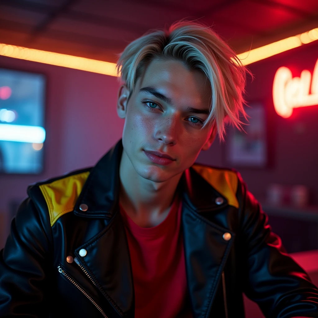 photograph portrait shot, attractive 22 year-old male model, short platinum blond layered textured hair, long layered side swept bangs hair, vibrant blue eyes, boy face, skinny svelte body, smirking expression, almond shaped eyes, very pale skin tone, black leather jacket with yellow accents on shoulders, red shirt, inside private underground club, dim lighting, neon lighting, cinematic