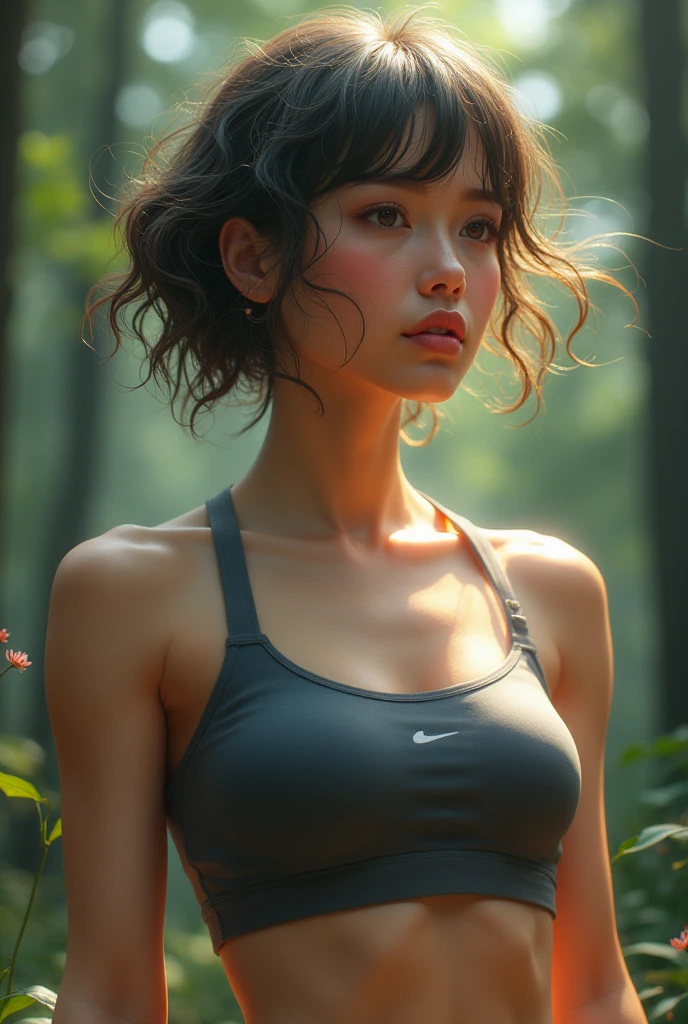 ((masterpiece)), ((Highest quality)), (Portrait of a beautiful girl), Eye for perfect detail, Face in perfect detail,The perfect athlete has muscles,A well-defined body,Cracking abs,Very elaborate nose, Open your mouth, 、 Perfect Teeth, Transparent clothing that allows the whole body to be seen, Charm, Perfect Face, Dimples on cheeks, Depth of written boundary, High resolution, ((Realistic skin texture)), (Well-proportioned hands), Thin lips, Random color hair, Floating multicolored hair, short hair, forest