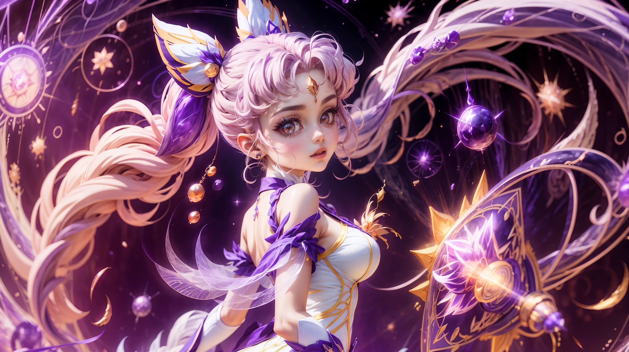 a young anime-style magical girl with a futuristic, ethereal atmosphere. She has long, flowing, light-colored hair styled into twin buns and is wearing a detailed, vibrant, and stylish sailor uniform in shades of purple and white. Her outfit should have metallic accents, ribbons, and a brooch with a gemstone in the center. The character should have large, expressive eyes with a hint of sparkle, and she is looking back over her shoulder with a confident yet playful expression. The background is a blend of glowing city lights and abstract magical elements, creating a sense of wonder and adventure.