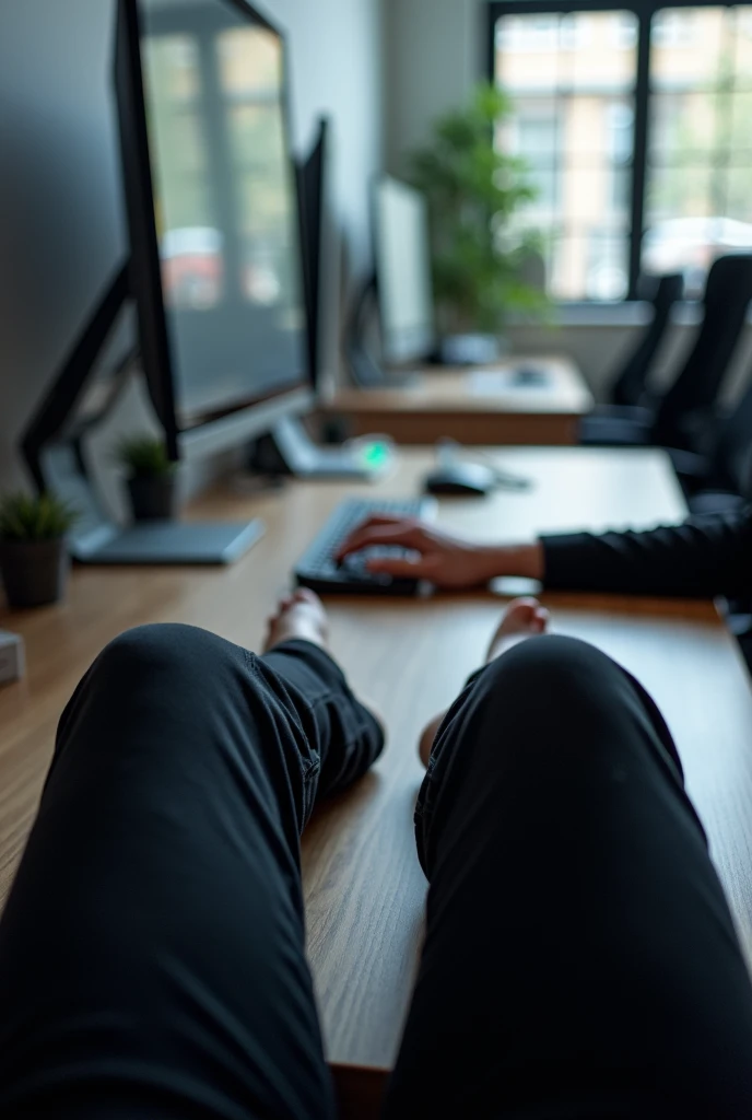 Photo taken in an office, black pants, sitting on the computer, I want the photo in first person