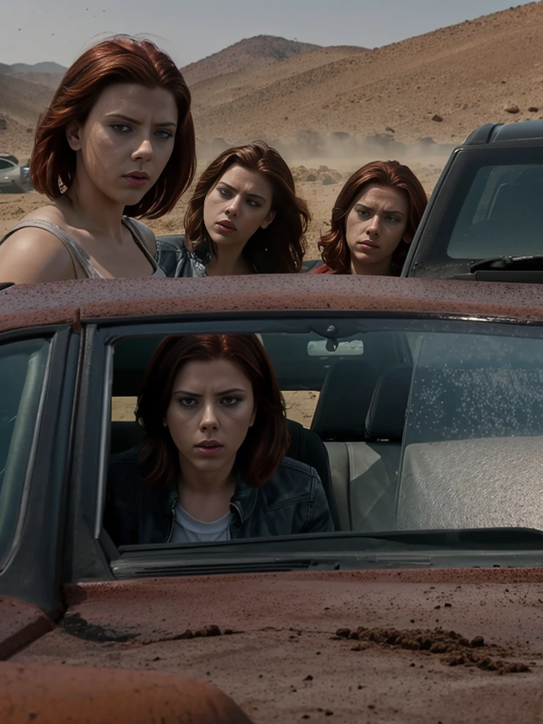 The three (two women and one man) locked in the car while the ground is covered with dust from the supernatural powers of the evil entity, scarlettjohansson-smf