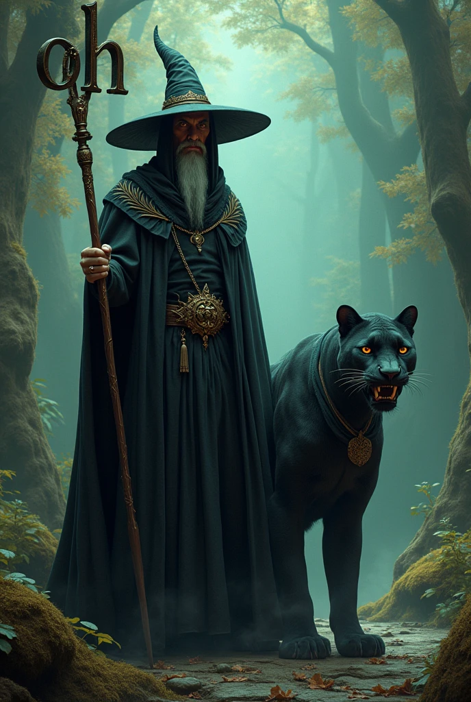 Create a sinister looking wizard in the style of witchcraft, next to him is the letter "Oh", with its powerful vaculo with a very striking Lord of the Rings wizard theme and a very elaborate style, At his side is a peculiar looking saber-toothed panther ,Intimidating, bloodthirsty, but at the same time fascinating, the background is a fantastic place. The text is perfectly visible "OhMEY" In the image. Art Style , luxury premiere finished , 8 k plus , Reality Max. all very well detailed, realist,