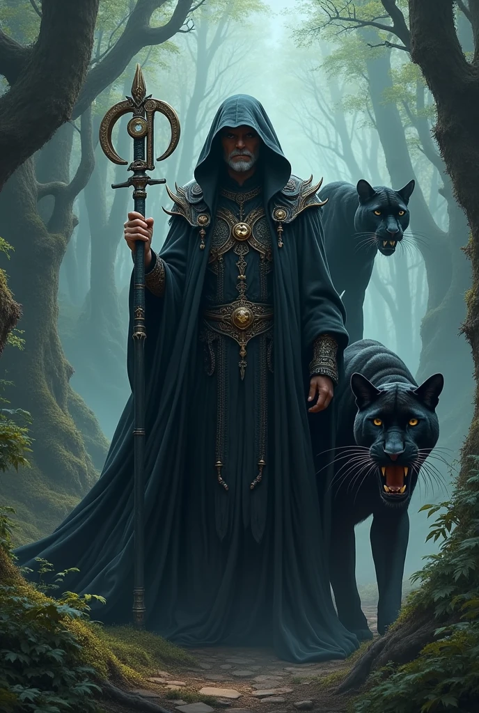 Create a sinister looking wizard in the style of witchcraft, next to him is the letter "Oh", with its powerful vaculo with a very striking Lord of the Rings wizard theme and a very elaborate style, At his side is a peculiar looking saber-toothed panther ,Intimidating, bloodthirsty, but at the same time fascinating, the background is a fantastic place. The text is perfectly visible "OhMEY" In the image. Art Style , luxury premiere finished , 8 k plus , Reality Max. all very well detailed, realist,