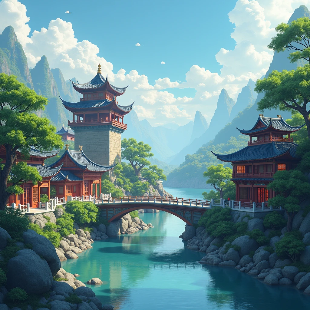 painting of a chinese village with a bridge over a river, Ross Tran. scenic background, digital painting of a pagoda, Cyberpunk Chinese Ancient Castle, chinese dream city, very detailed digital painting, very detailed digital painting, detailed landscape: width 672, wlop y Ross Tran, detailed painting 4k, detailed digital concept art, highly detailed digital artwork