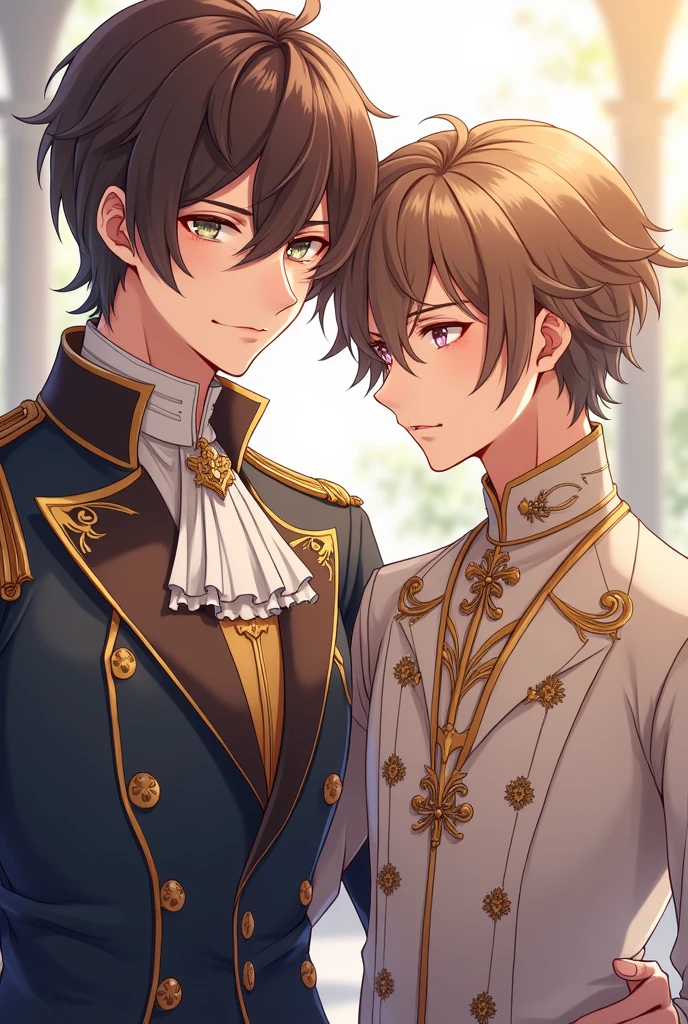 Create a 2 male anime character, he has a more mature appearance, he has light eyes, brown hair a little long, he is short and has fair skin and wears the clothes of a prince 