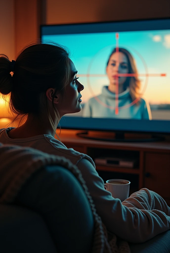 A woman sitting in front of the TV and on the TV screen a target with the writing in the reality show's crosshairs