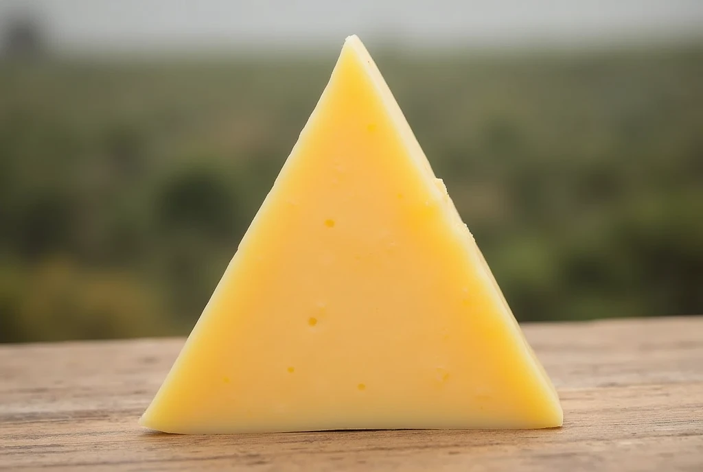 Horizontal image of a triangular piece of gouda cheese with a horizontal background of ayaviri puno