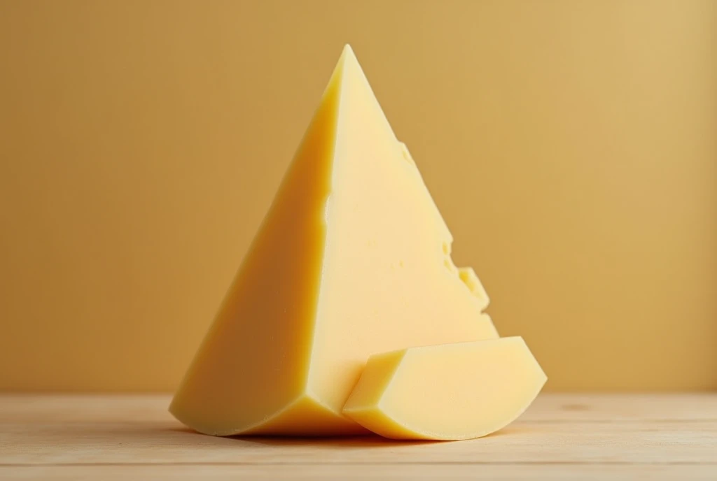 Horizontal image of a triangular piece of gouda cheese with a horizontal background of ayaviri puno